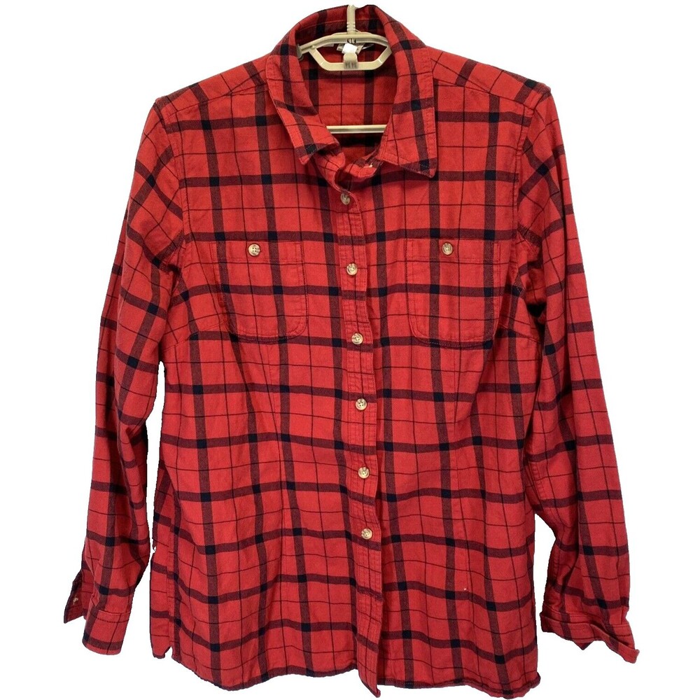 Duluth Trading Women's L Shirt Black Red Plaid Flannel Long Sleeve Spread Collar
